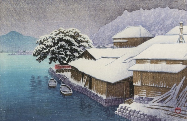 １雪の中瀬・川瀬巴水「日本風景集 東日本篇 石巻の暮雪」 （1935）