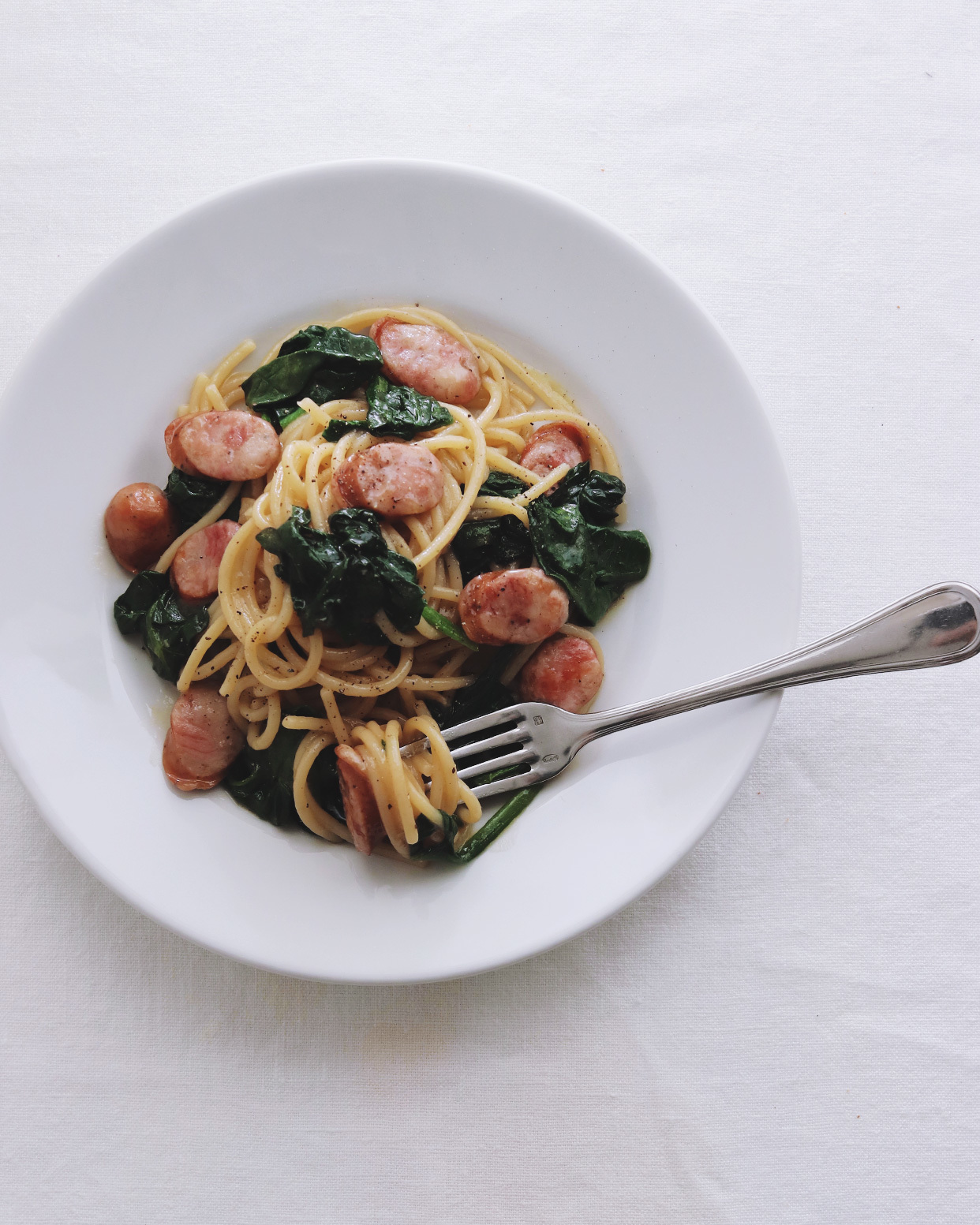 Pasta with Spinach & Sausage in Japanese sauce﻿